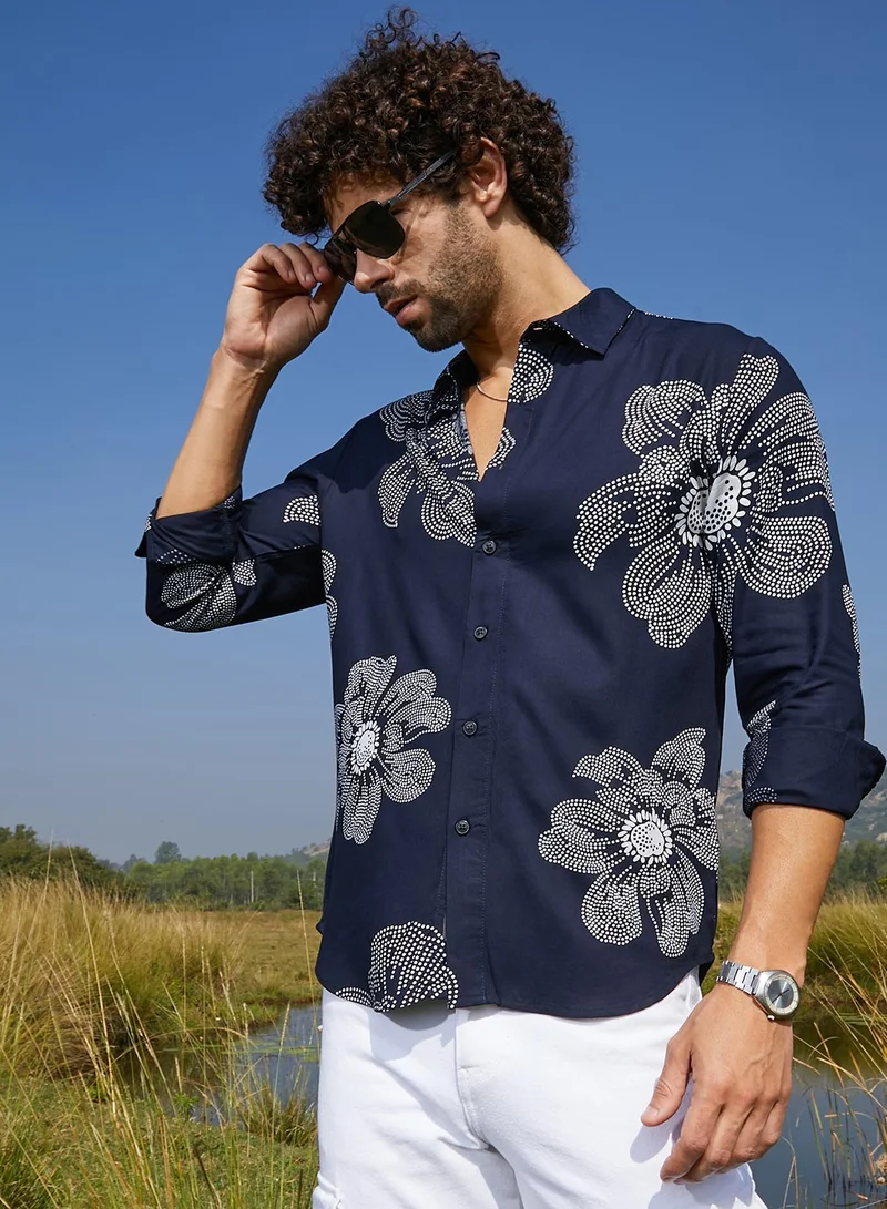 Men's Navy Blue Maxi-Flora Shirt For Casual Wear | Spread Collar | Long Cuffed Sleeves | Button Closure | Shirt Crafted With Comfort Fit For Everyday Wear